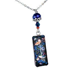 Strawberry Thief Pendant Necklace William Morris Bird Blue Bead Handmade Jewelry